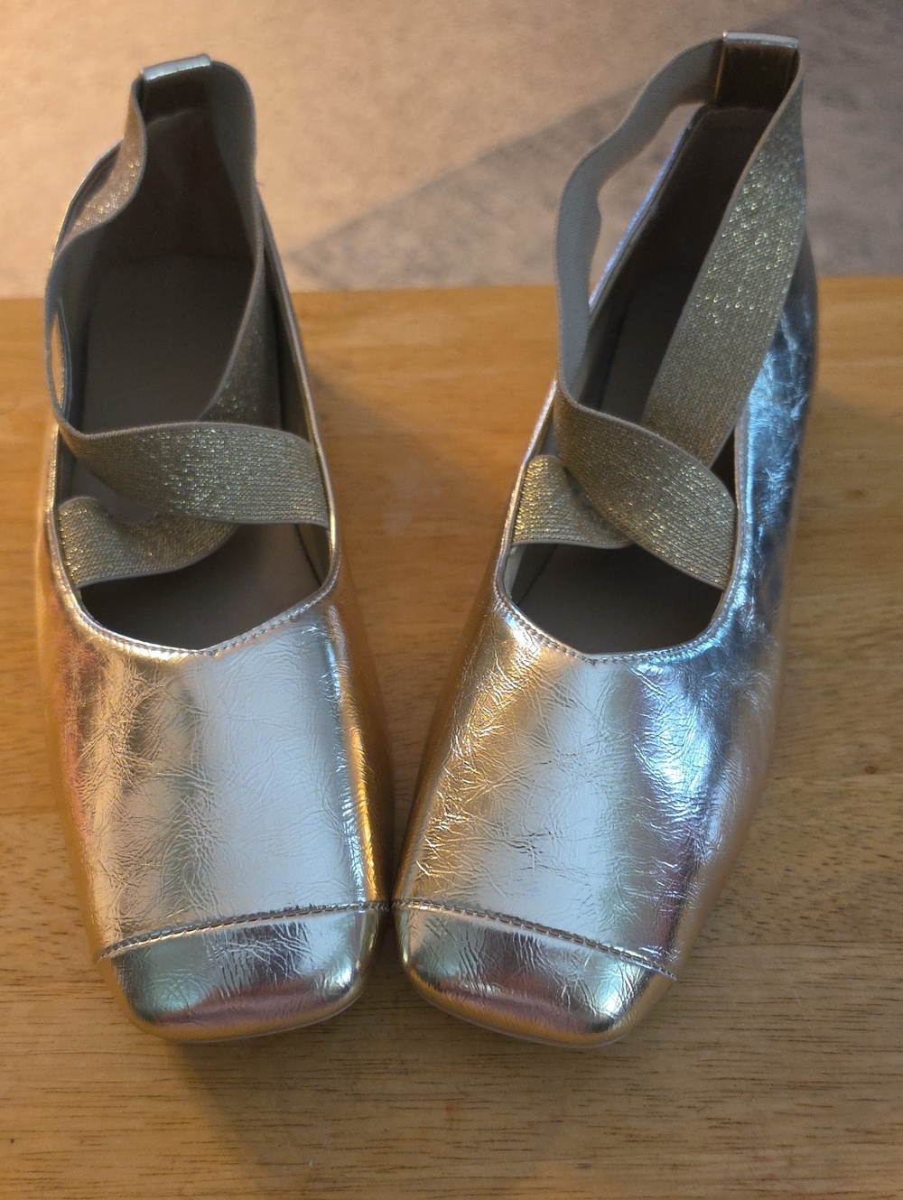 Metallic Gold Square-Toe Ballet Flats with Cross Elastic Straps